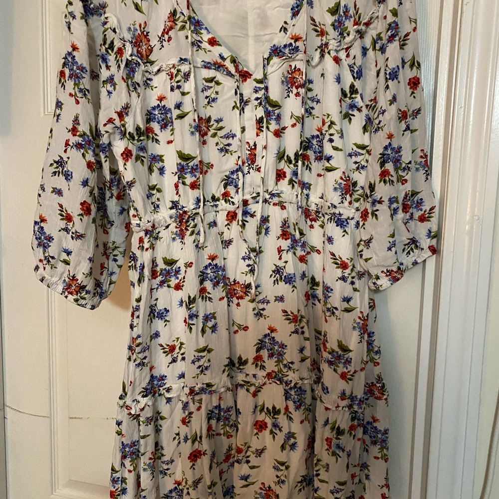 Floral White Long Sleeve Tiered Dress
